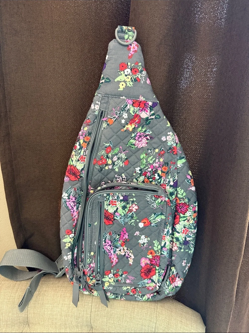 Vera Bradley Gray Quilted Floral Sling Backpack with Pink & Red Accents NWOT